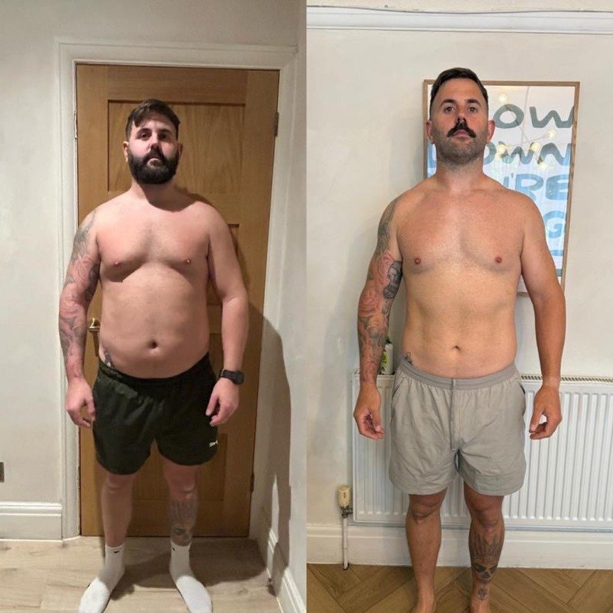 Male fitness transformation results before and after Momentum Method coaching.