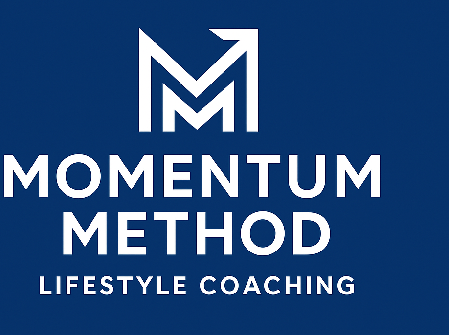 White Momentum Method Lifestyle Coaching logo on a blue background.