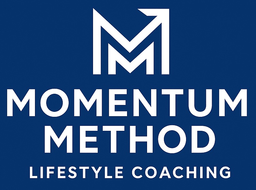 White Momentum Method Lifestyle Coaching logo on a blue background.